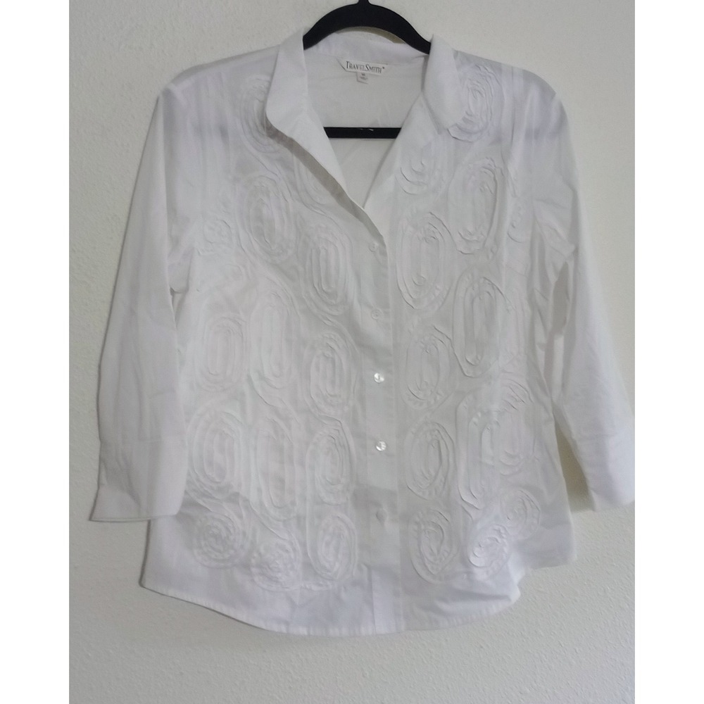 TravelSmith Womens White Textured Ribbon Applique 3/4 Sleeve Blouse Medium